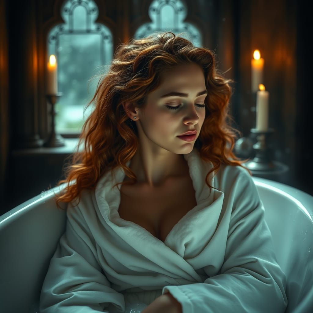 Serene Woman Relaxing in Candlelit Medieval Bath