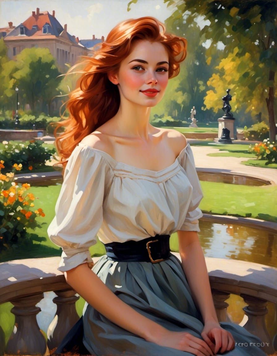 Joyful Auburn-Haired Woman in Park Portrait