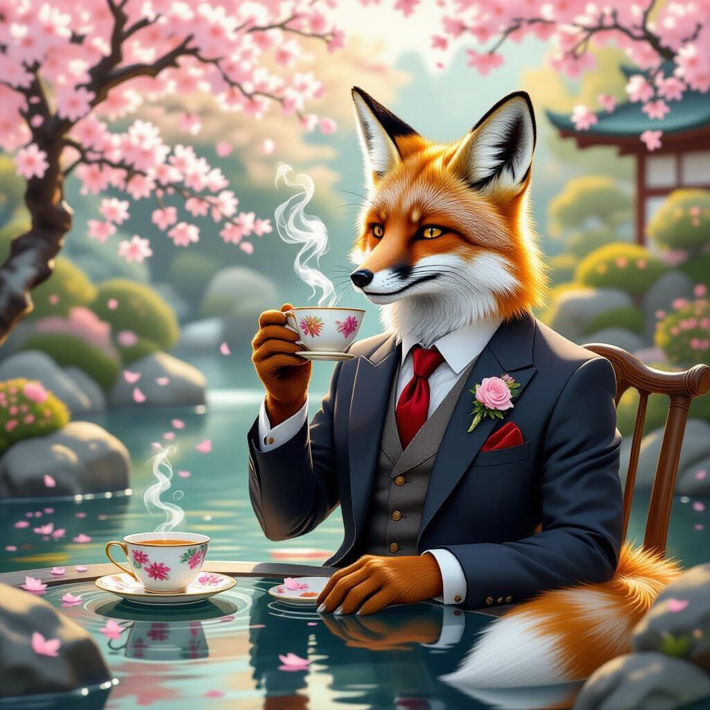 Fox in Suit Sipping Tea in Japanese Garden