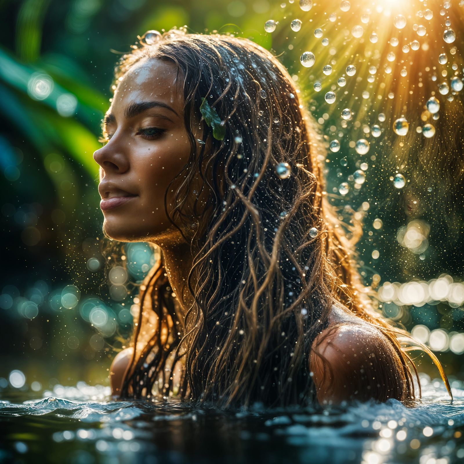 Woman in River Bathed in Sunlight