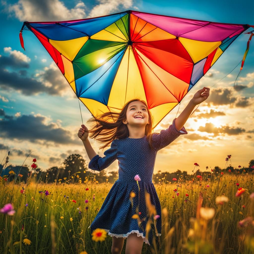 Happy Girl with Colorful Kite in Big-Eyed Style