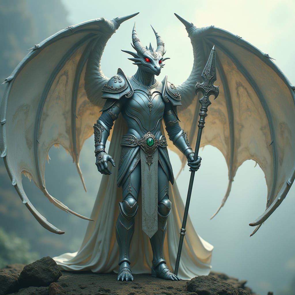 Majestic Aasimon Warrior with Dragon Wings and Silver Spear