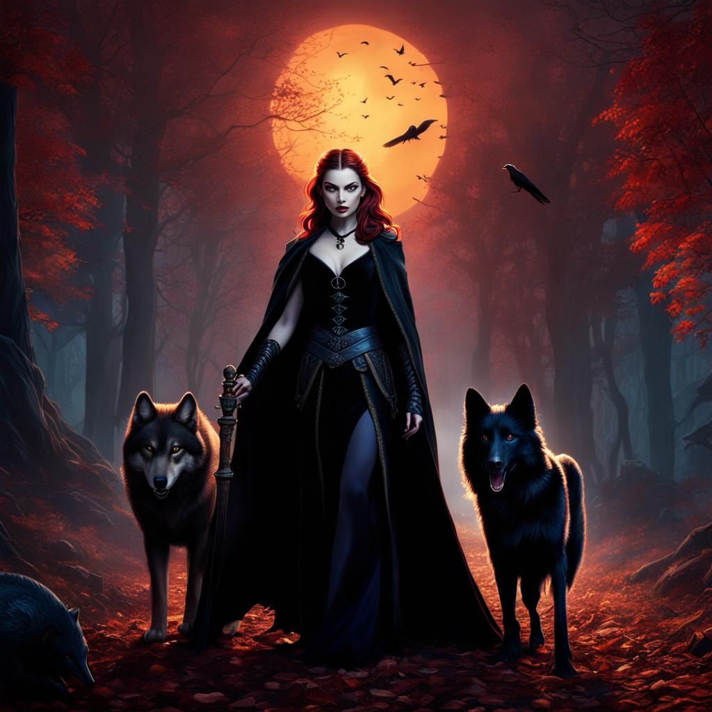 Fantasy Vampire and Witch with Wolf and Raven