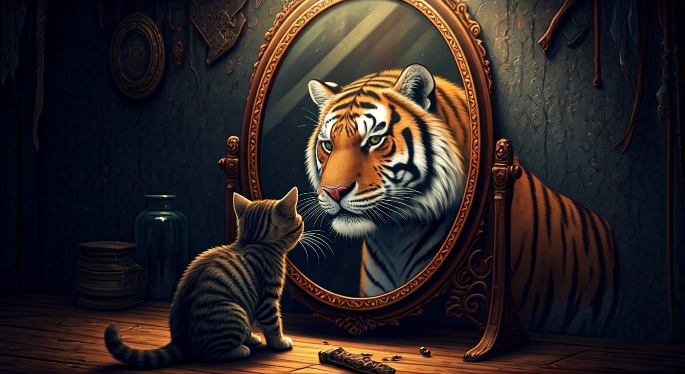 Tabby Kitten Sees Mighty Siberian Tiger in Antique Mirror