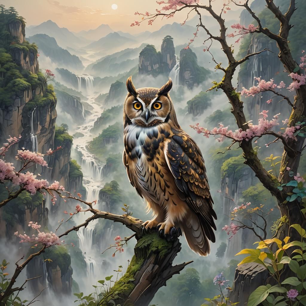 Fantasy Owl Perched on Tianzi Mountains Branch in Morning Fo...