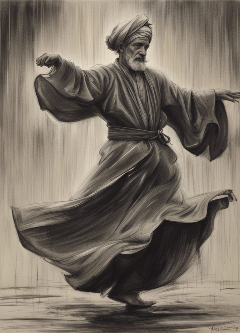 Dervish Twirling in Rain: Hyperdetailed Charcoal Drawing