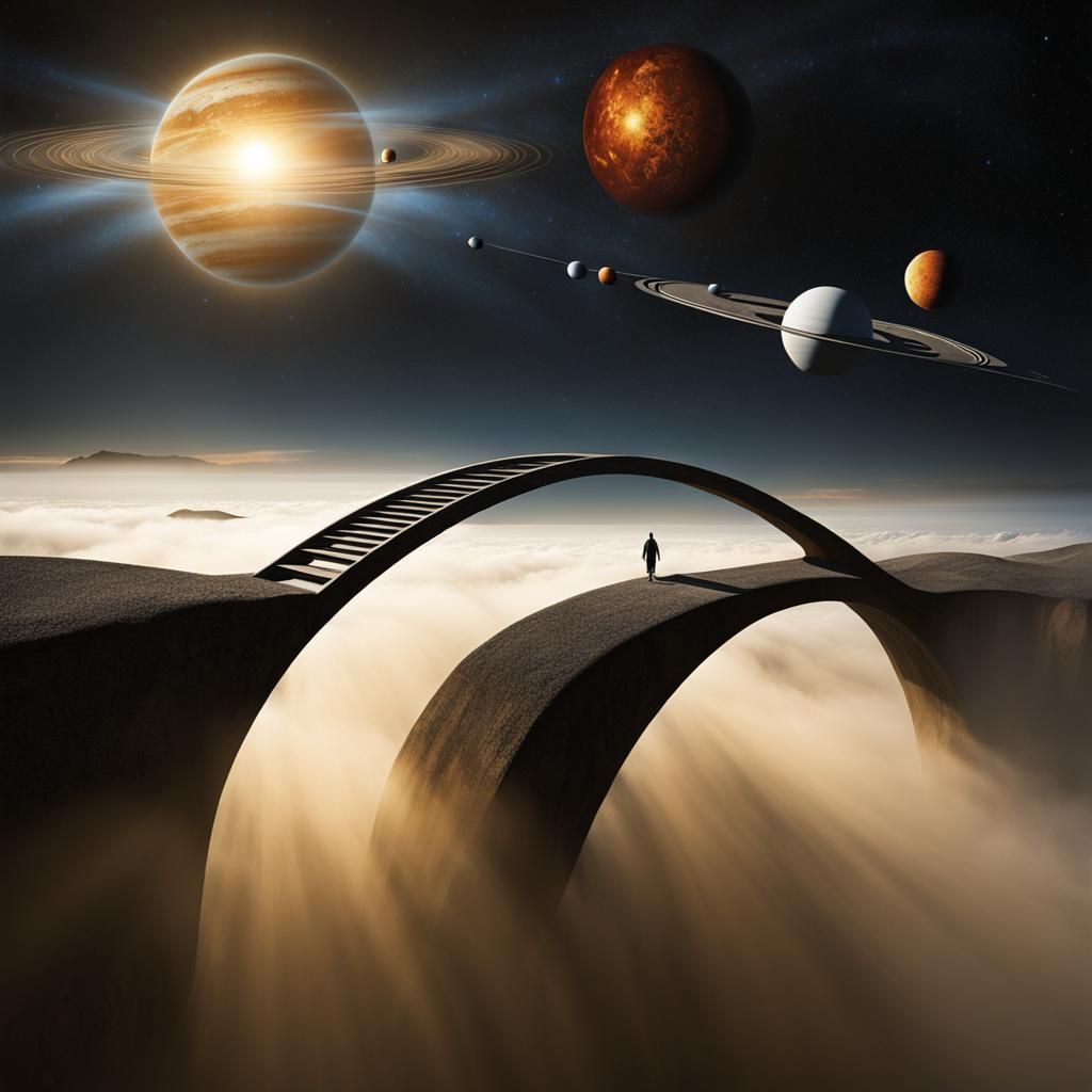 Dreamscape: Obsidian Bridge Between Planets in Surreal Style