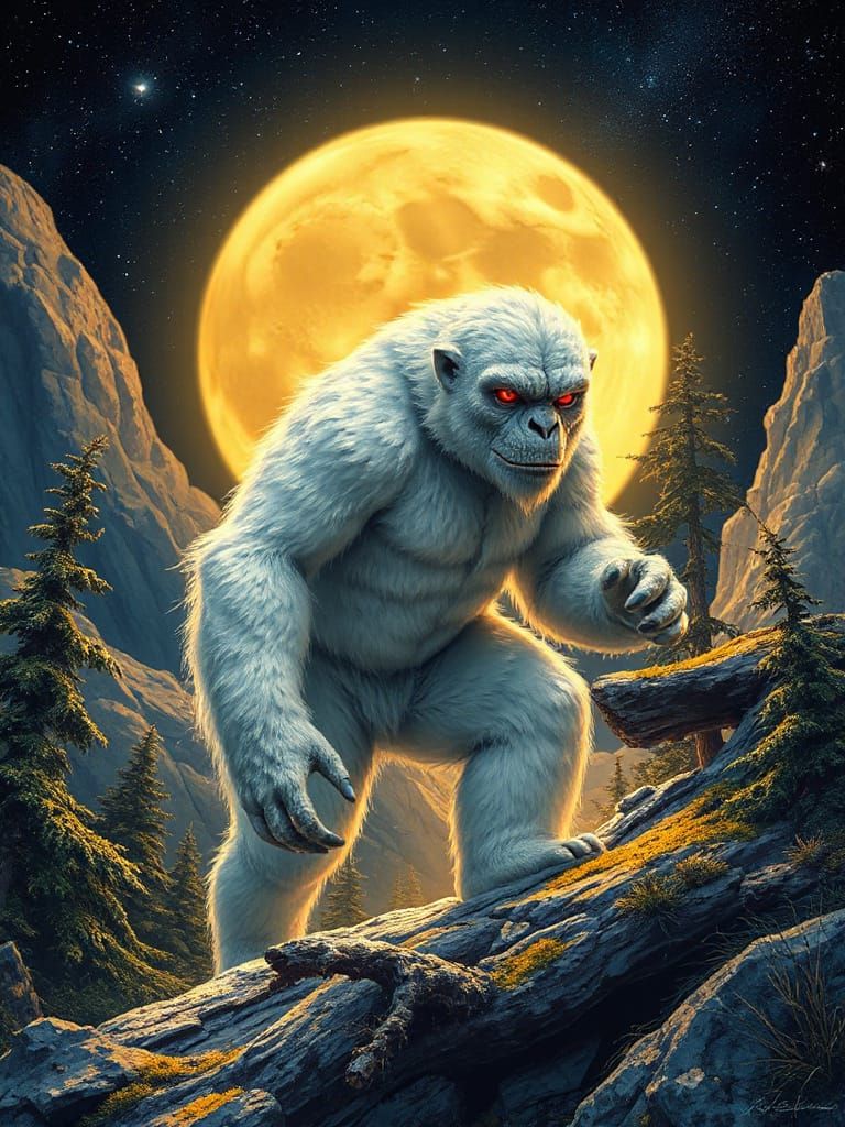 Albino Sasquatch Backlit by Moon, Hyperrealistic Fantasy Art