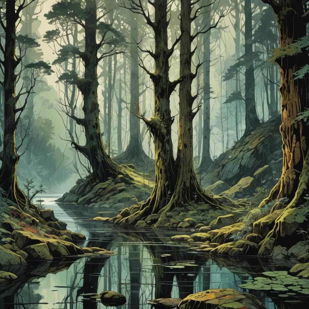 Magnificent Forest Lake View in Retro Style