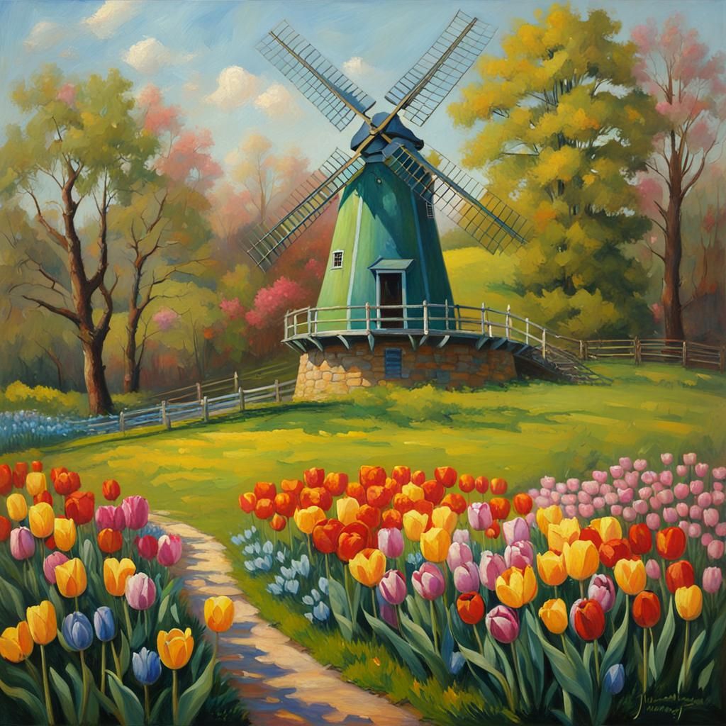 Picturesque Windmill Surrounded by Colorful Tulips, Oil Pain...