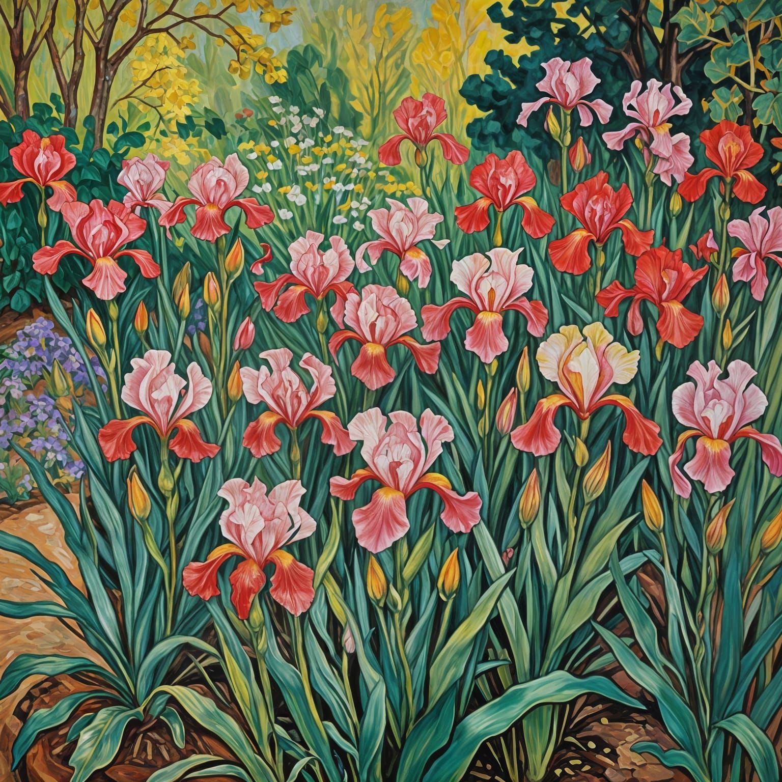 Vibrant Summer Garden with Ruby Iris Flowers in Impasto Styl...