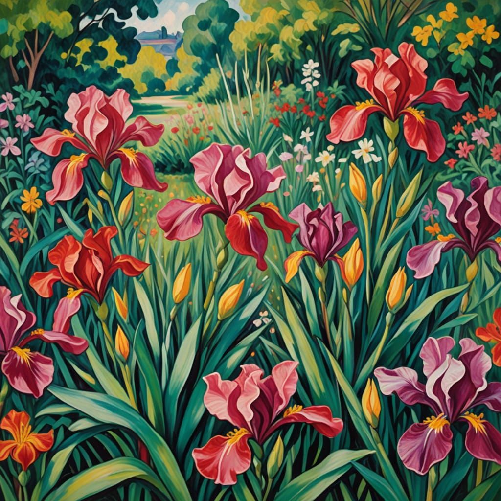 Vibrant Summer Garden with Ruby Iris Flowers in Impasto Oil ...