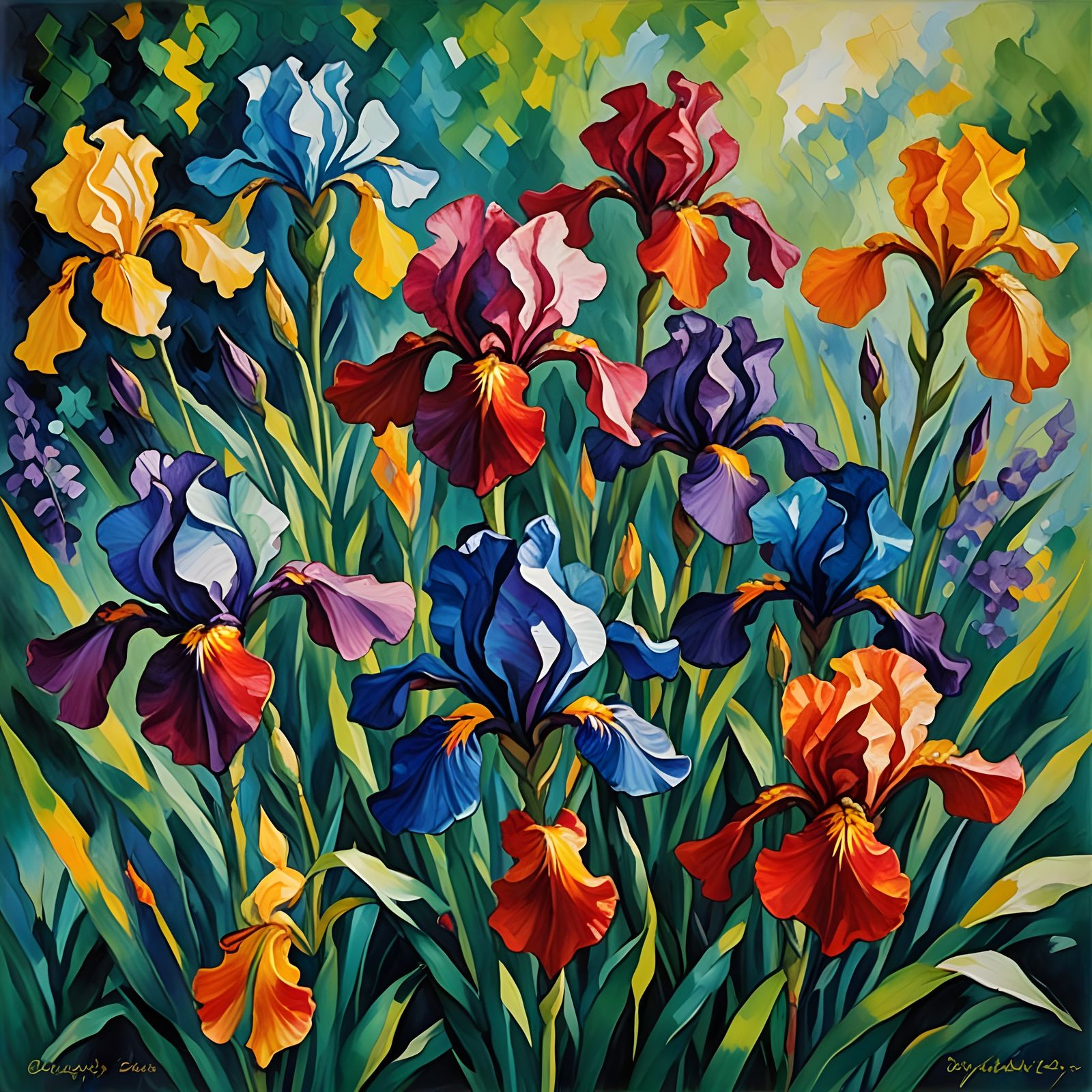 Ruby iris flowers, summer garden 4