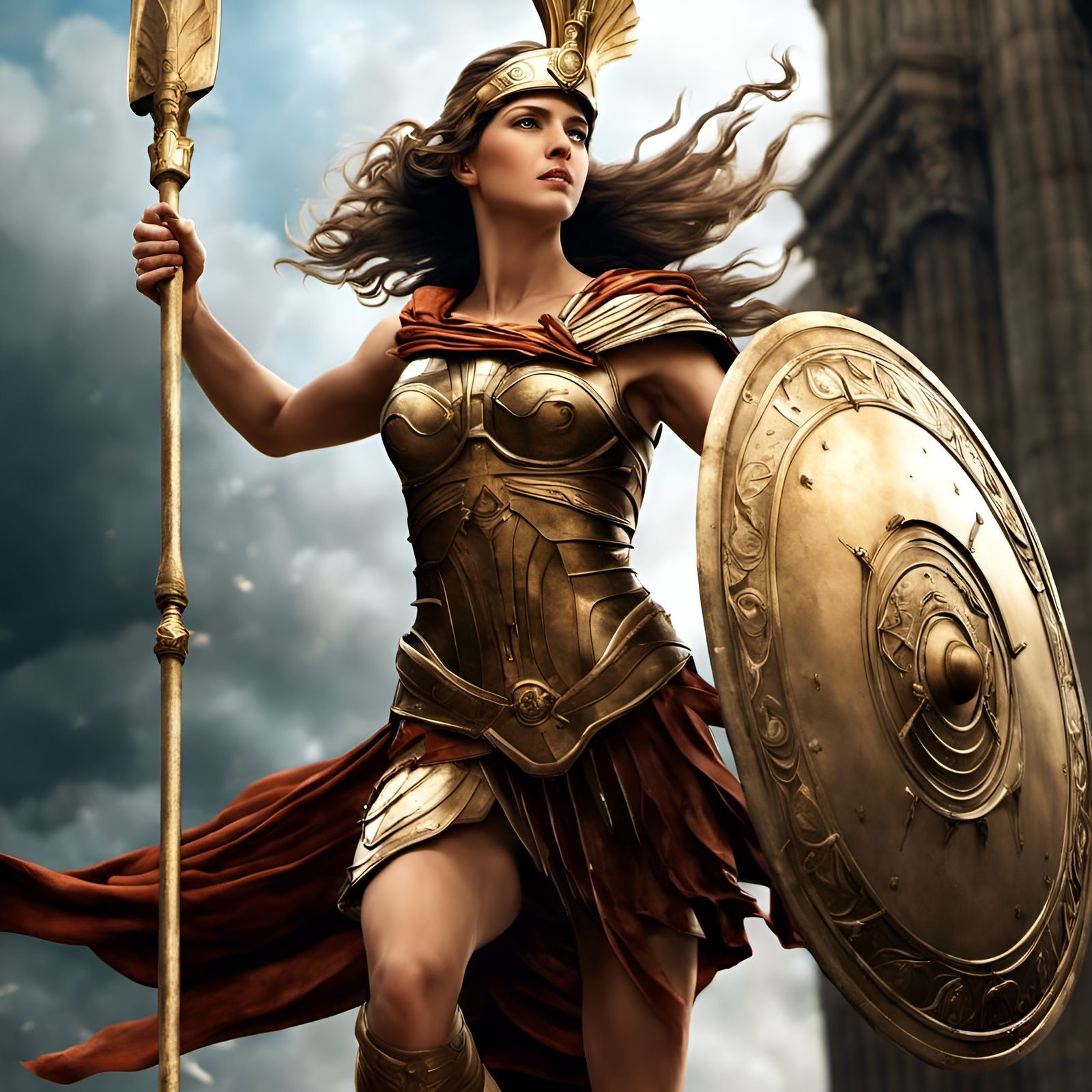 Athena Leaps with Spear and Aegis Shield