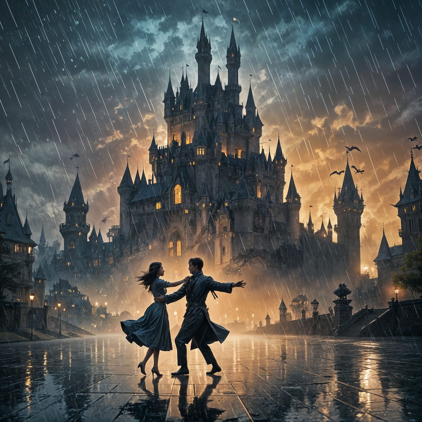 Silhouetted Couple Dancing in Rainy Dreamscape