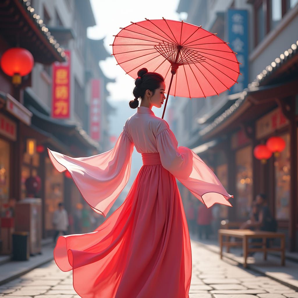 Woman in Hanbok with Crimson Umbrella in Seoul