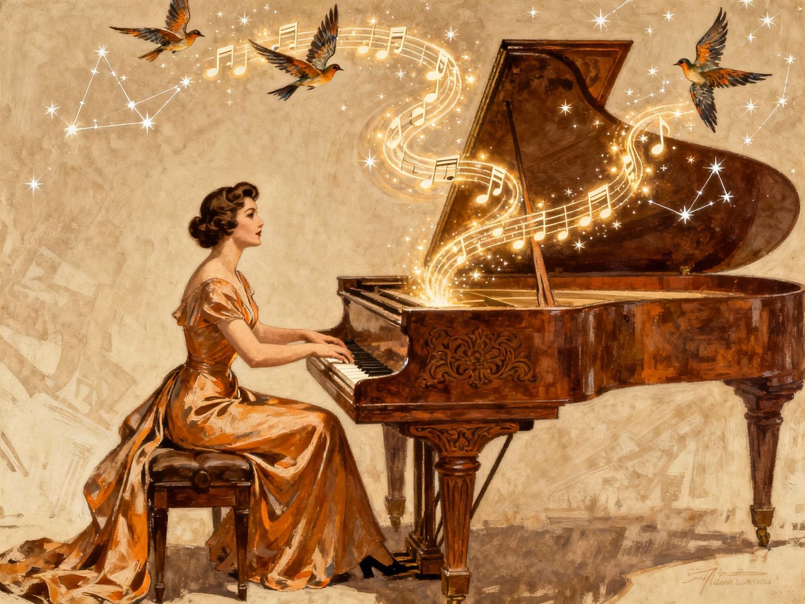 Vintage Piano Music Poster with Magical Notes