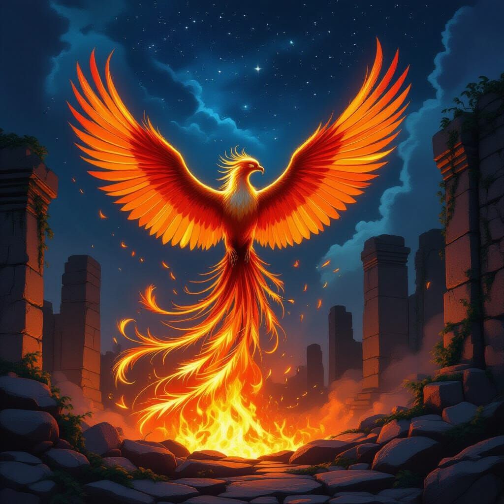 Majestic Phoenix Rising from Embers in Fantasy Ruins