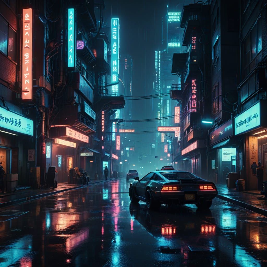 Cyberpunk Cityscape with Neon Reflections and Flying Vehicle...