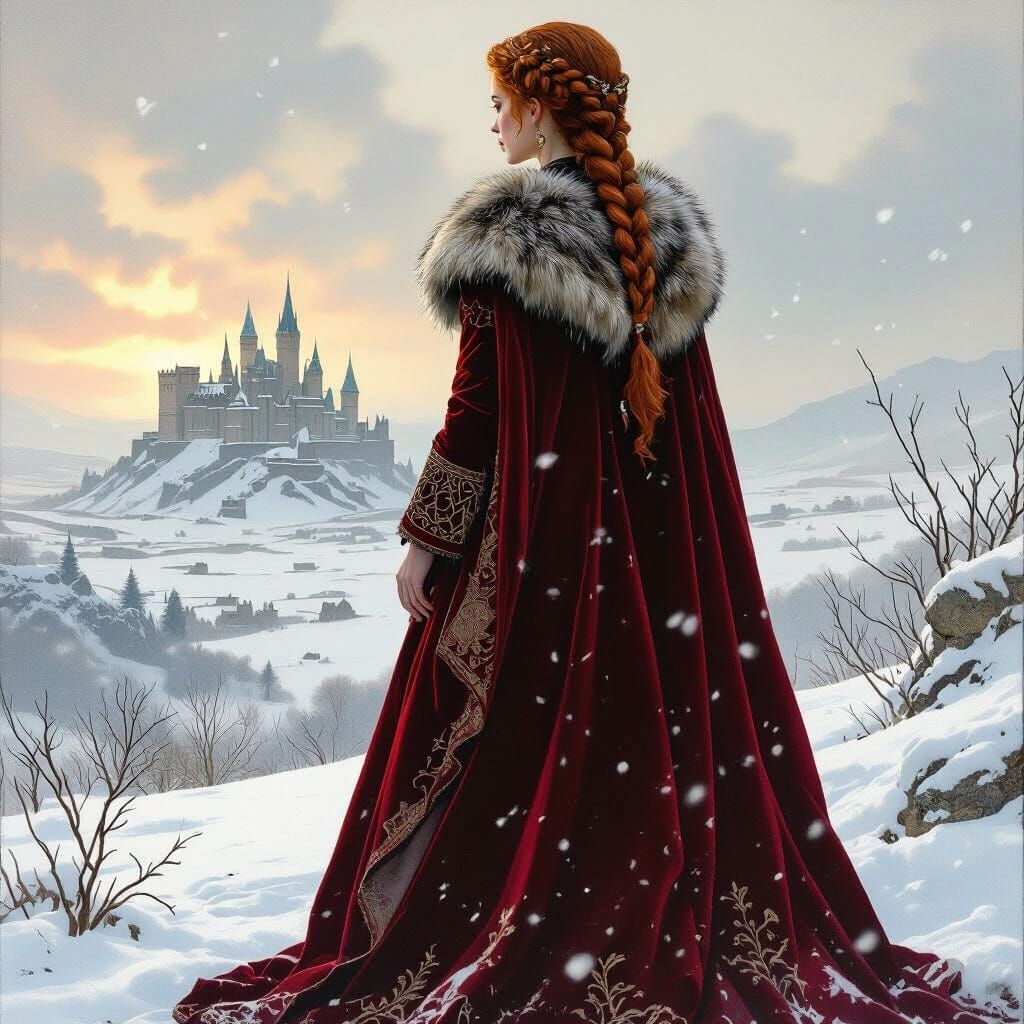 Noblewoman Gazing at Snowy Horizon: Book Cover Art