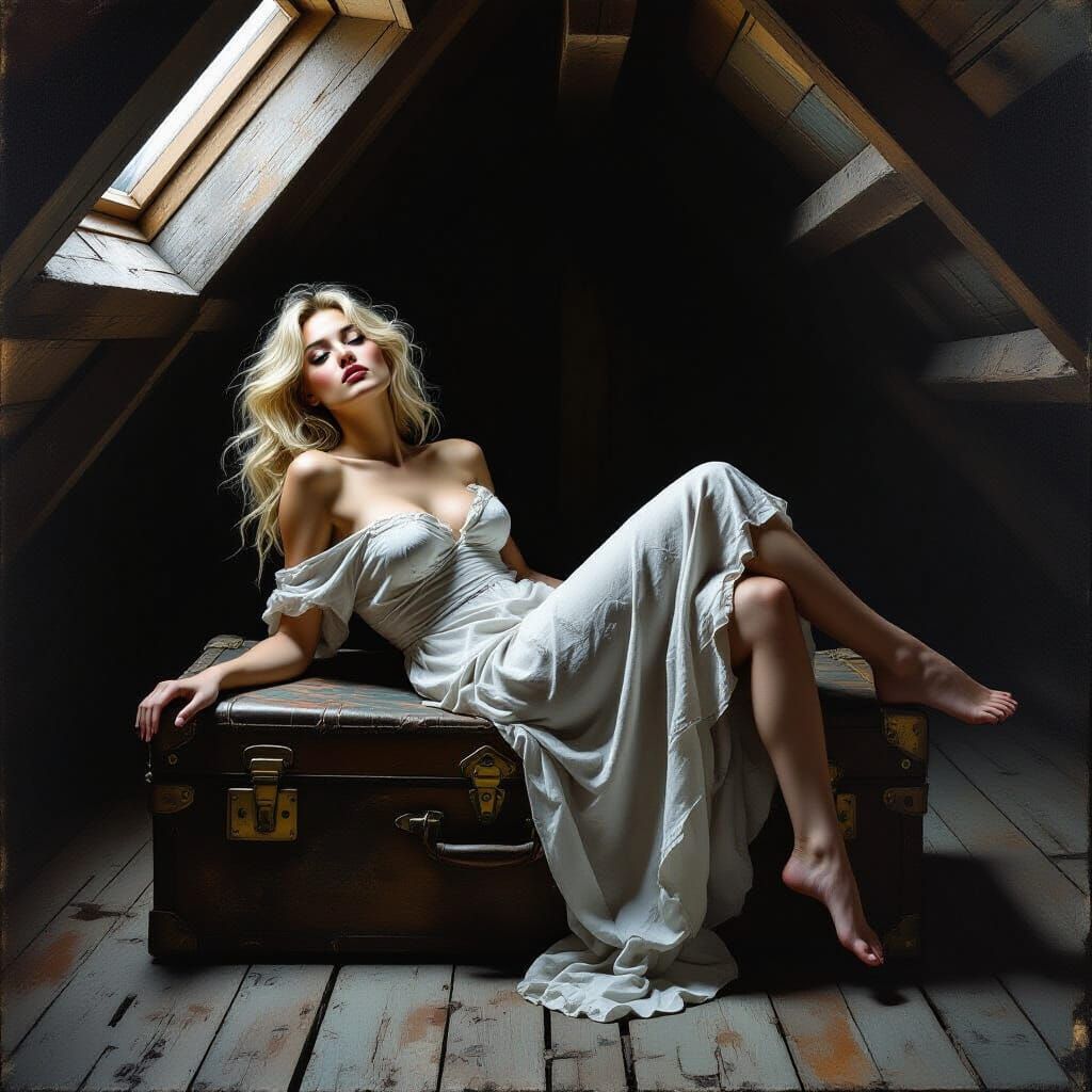 Graceful Woman in Dimly Lit Attic, Expressive Brushstrokes