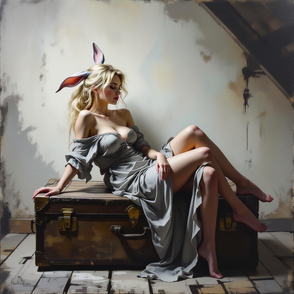 Haunting Portrait of a Woman in Dimly Lit Attic