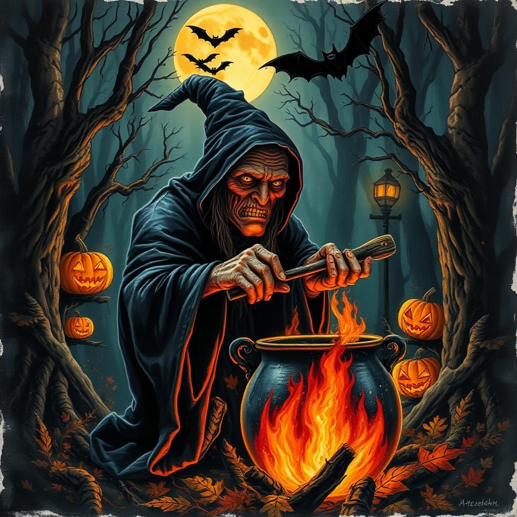 A haggard witch, draped in tattered black robes, stirs a bub...