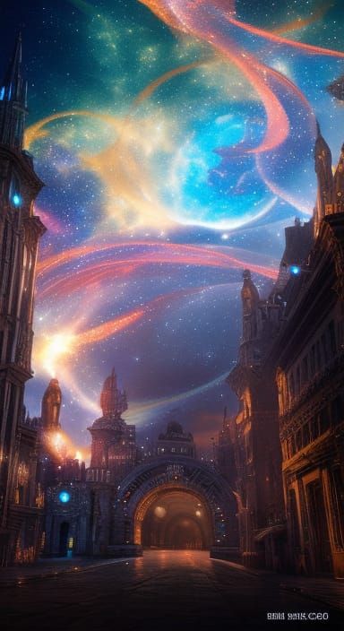 Magical Indigo Space Sky Swirling in Ornate City