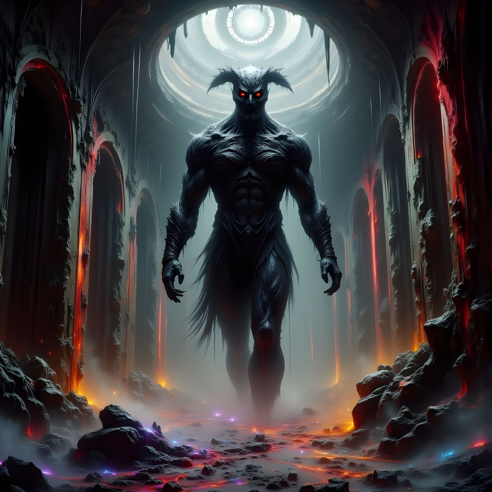 Evil Spirit in Crumbling Sanctum with Prismatic Lighting