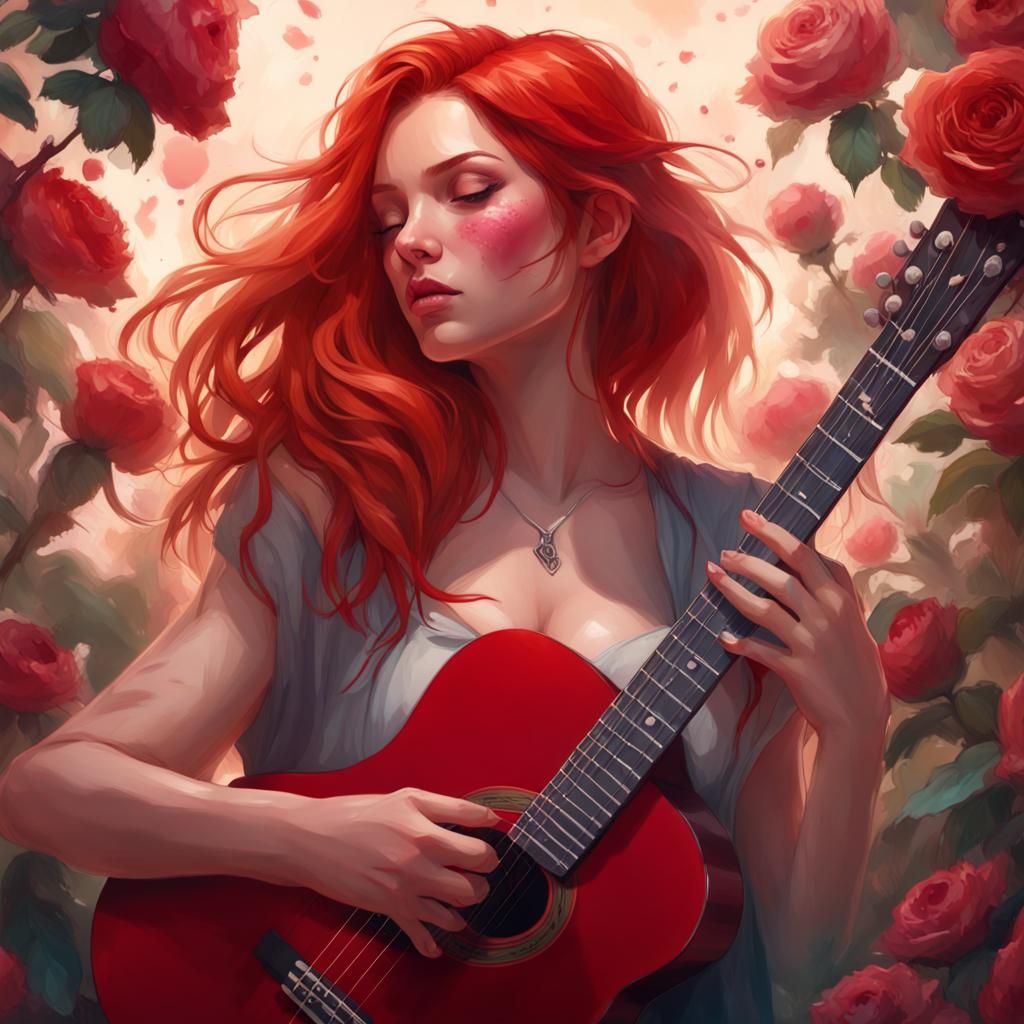 Redhead Guitarist with Roses, Hyperdetailed Portrait