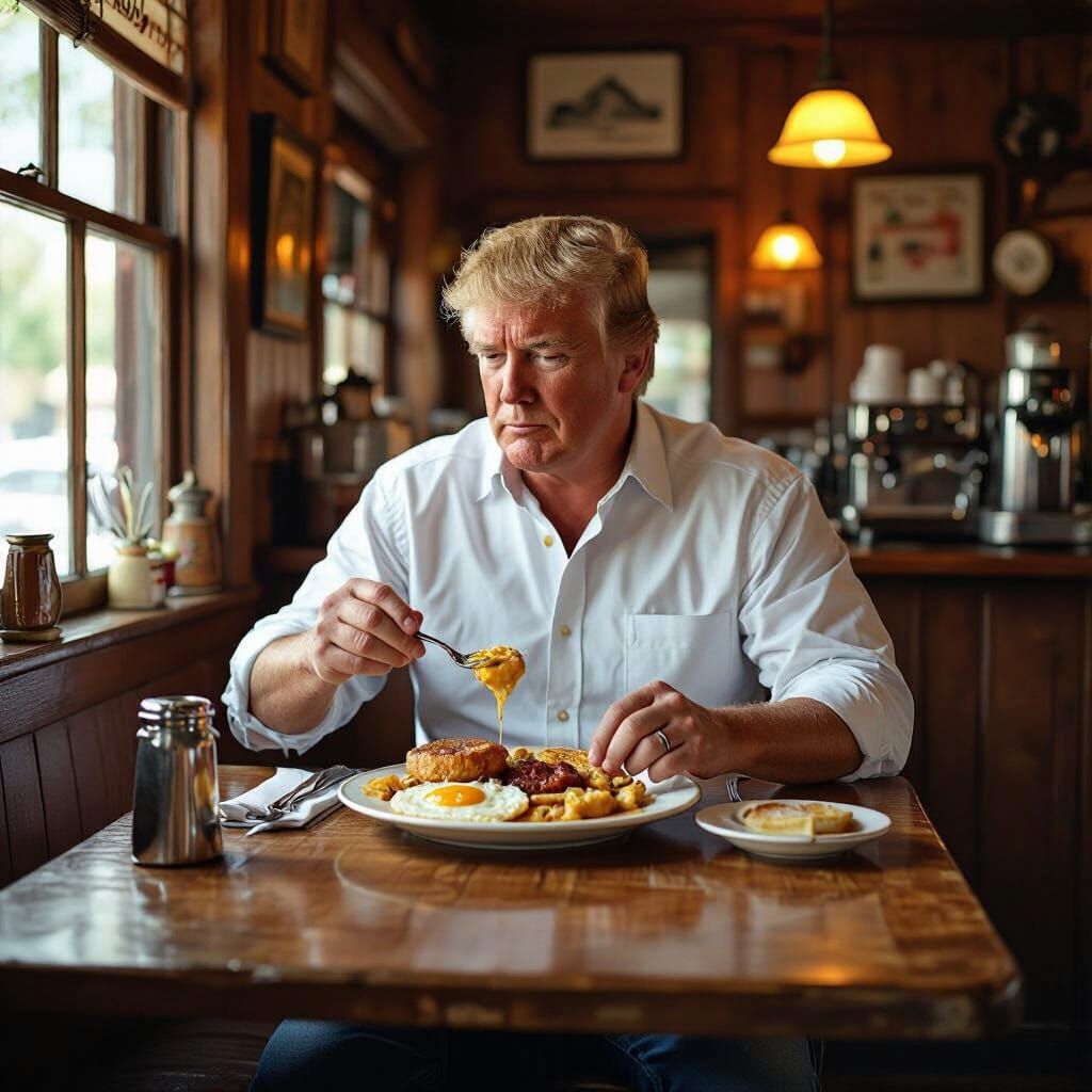 Trump Enjoys Fry Up in Rustic Cafe, Norman Rockwell Style