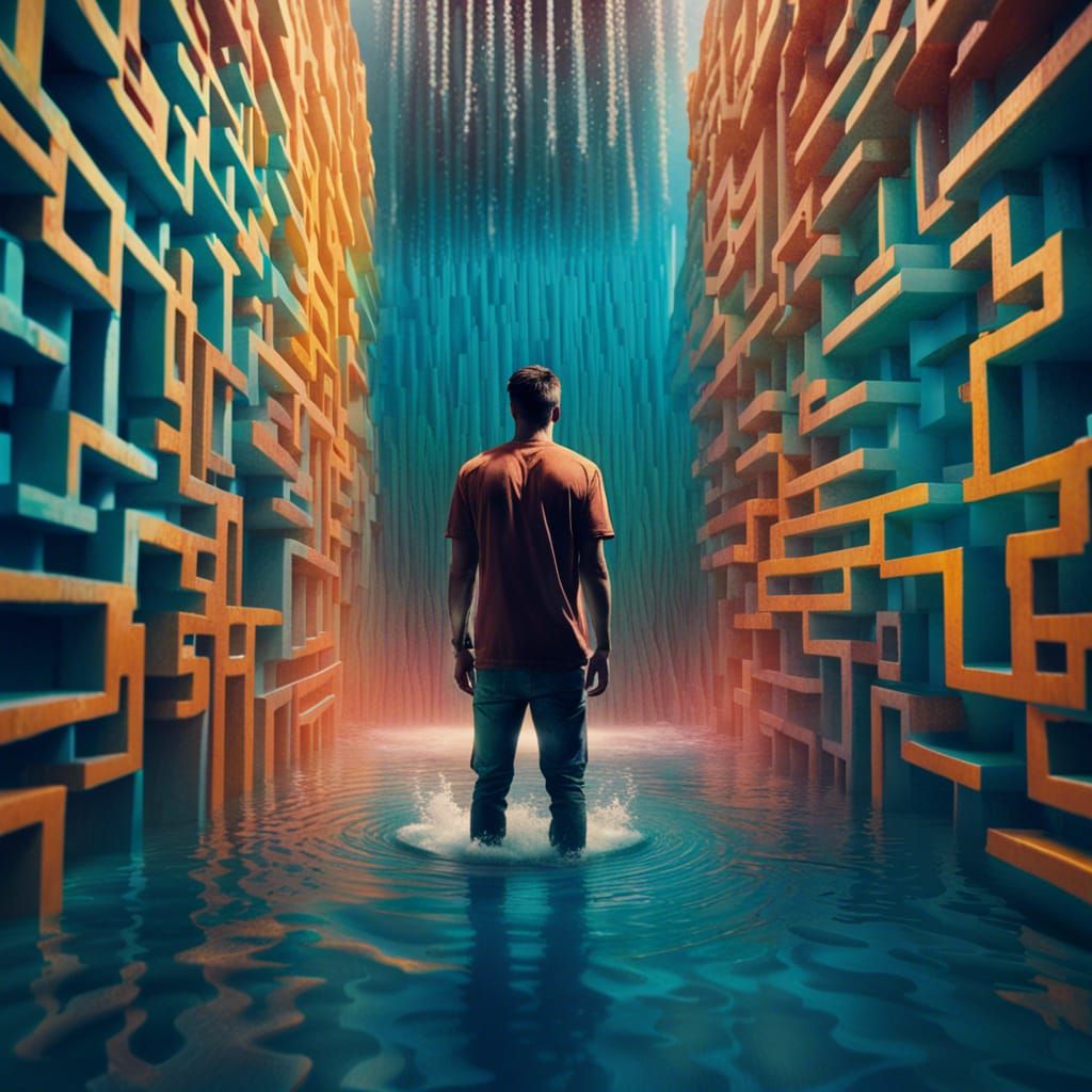 Man in Towering Water Maze: Hyperrealistic Concept Art