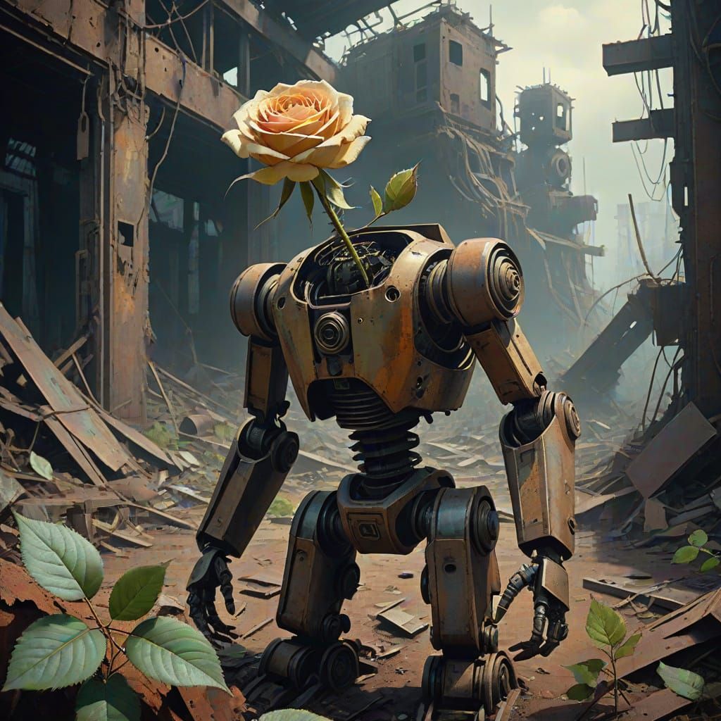 Rose Blooms in Abandoned Robot, Cinematic Style