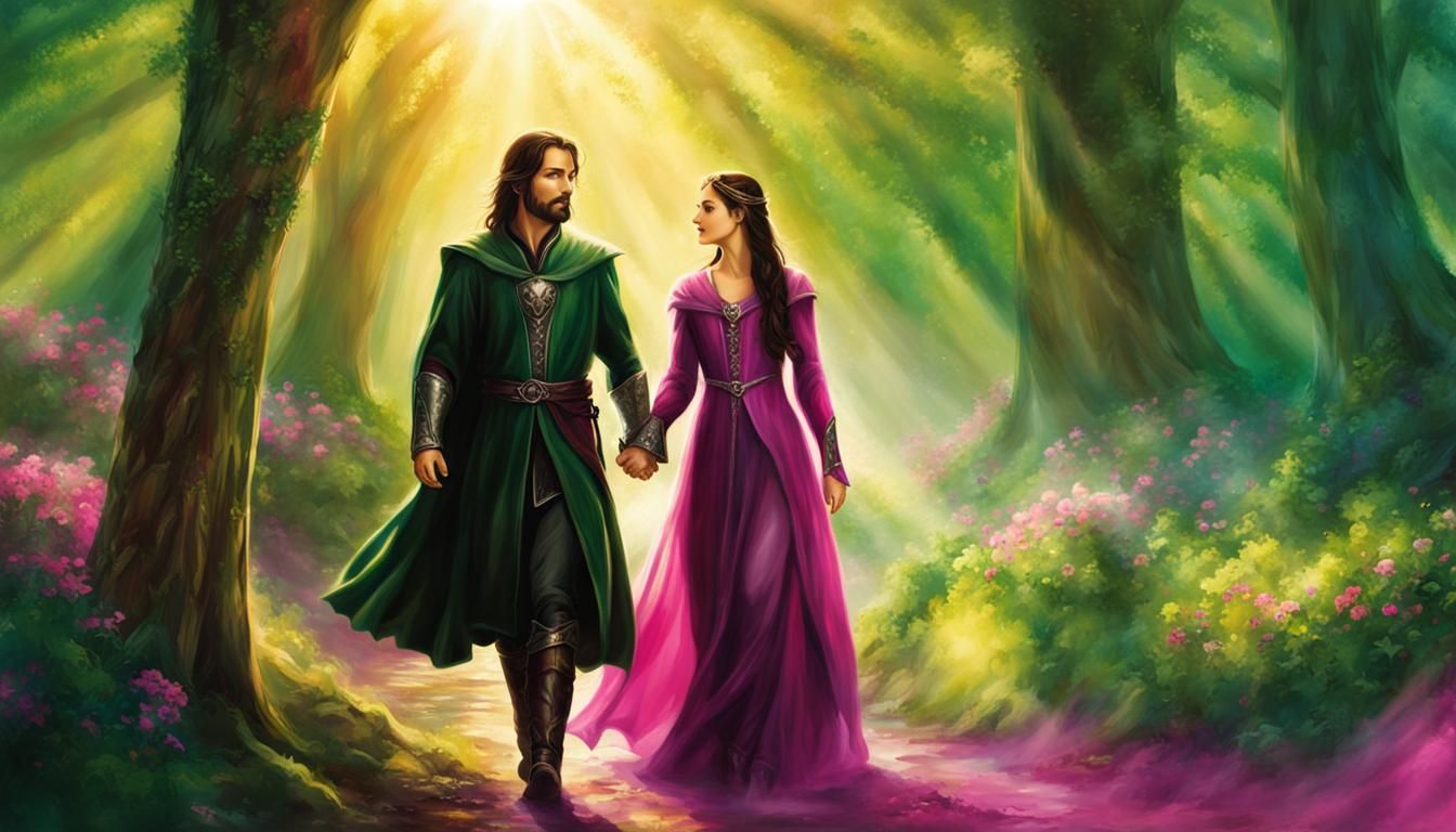 Aragorn and Arwen in Lothlorien: A Storybook Illustration