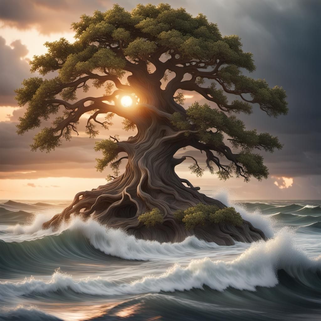 Stormy Sunset: Ancient Oak Tree on Islet in 3D