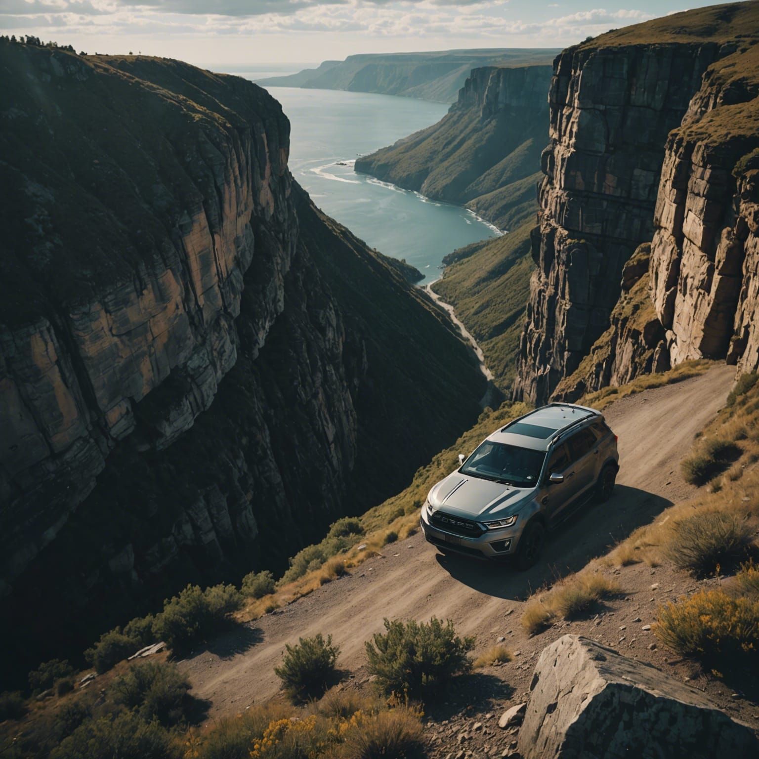 Dramatic Car Drifting Near a Cliff in Cinematic Style