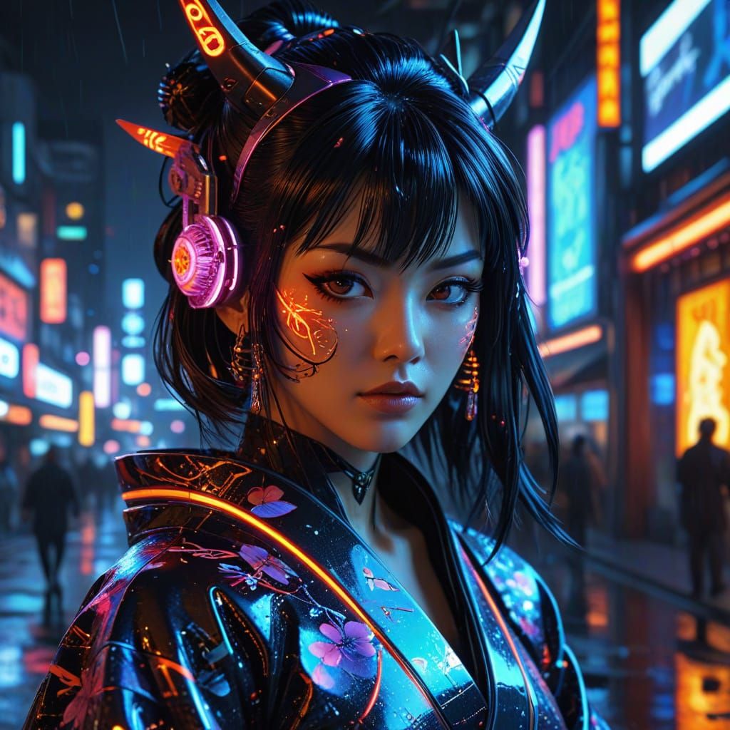 Cyberpunk Geisha Portrait with Neon Kanzashi Ornaments