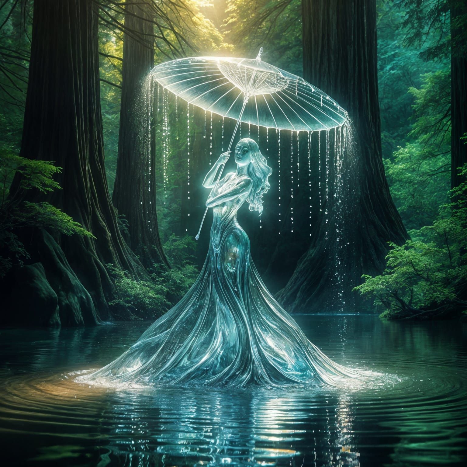 Luminous Water Spirit Rising from Tranquil Lake