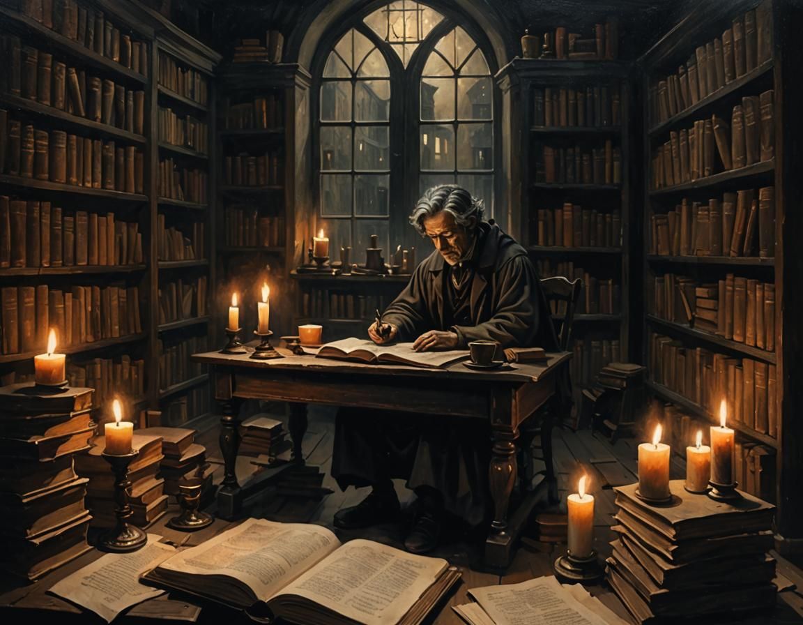 Eerie Dark Academia Study with Solitary Figure