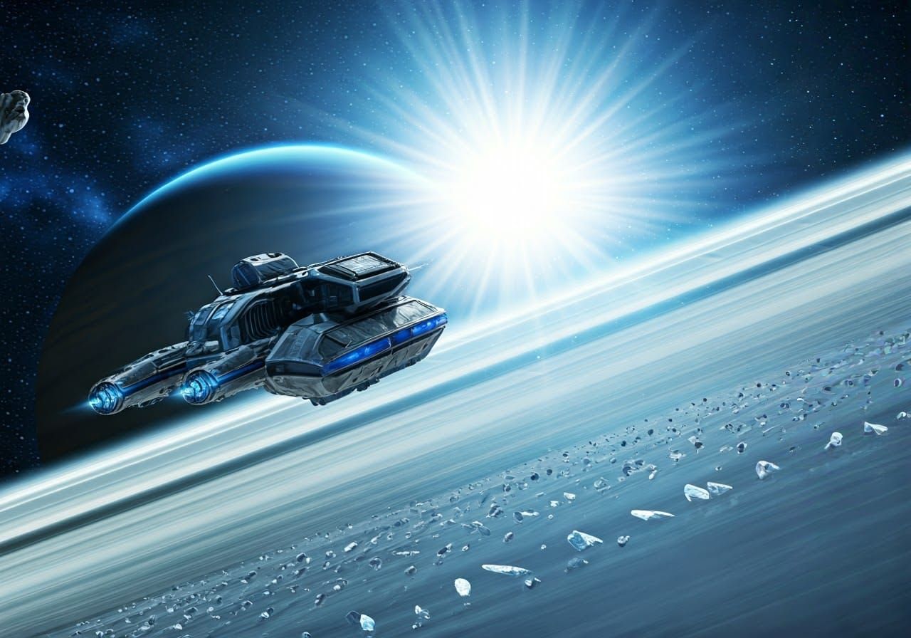 Spacecraft Soaring Through Saturn Rings in Sci-Fi Style