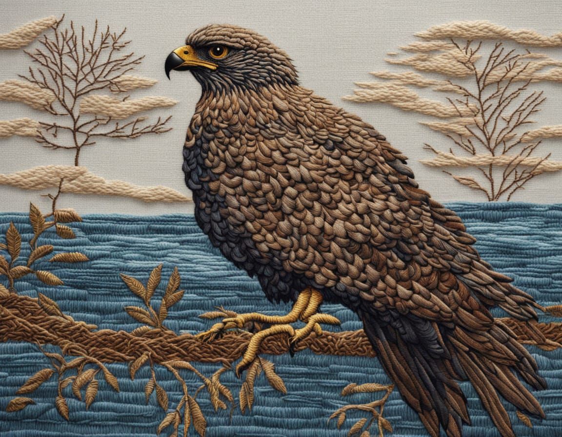 Embroidered Needlepoint Hawk in a Nest