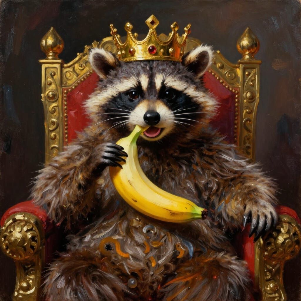 King Kong Raccoon on Throne with Golden Banana