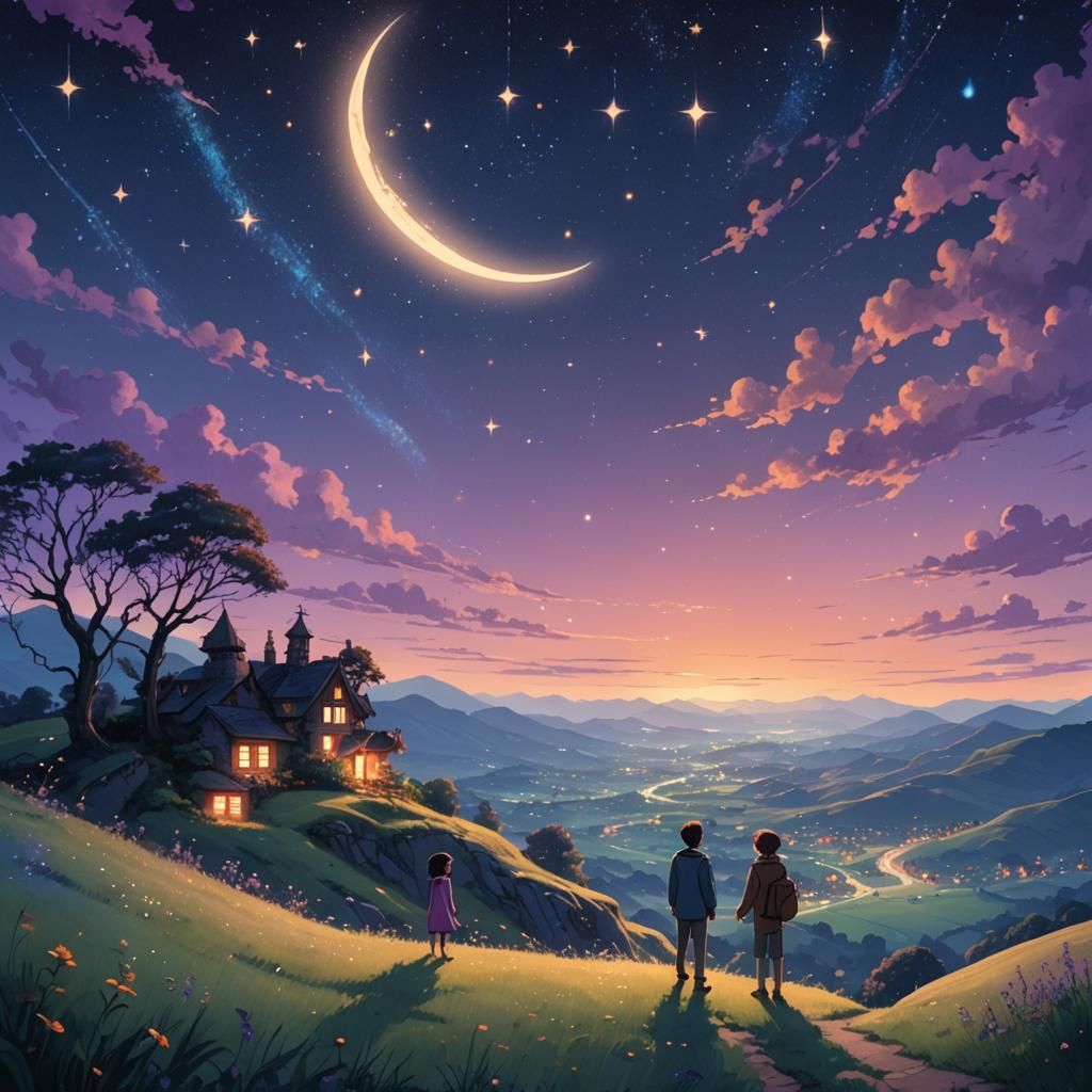 Couple Laughing Under Twinkling Stars in Miyazaki Style