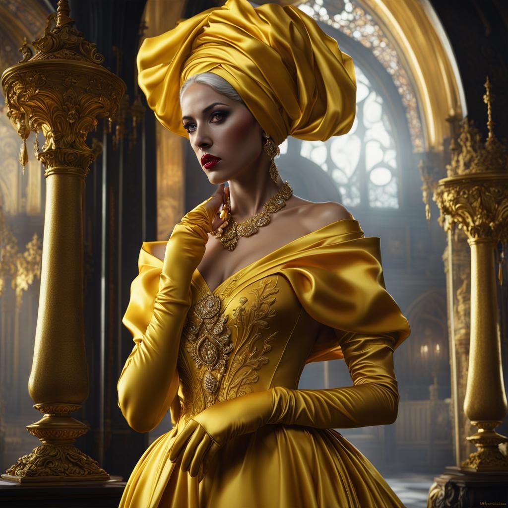 Statuesque Lady in Yellow Satin: Photorealistic Art