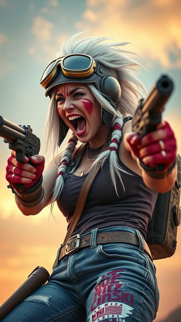 Fierce Woman Warrior Screaming and Shooting Desert Eagles