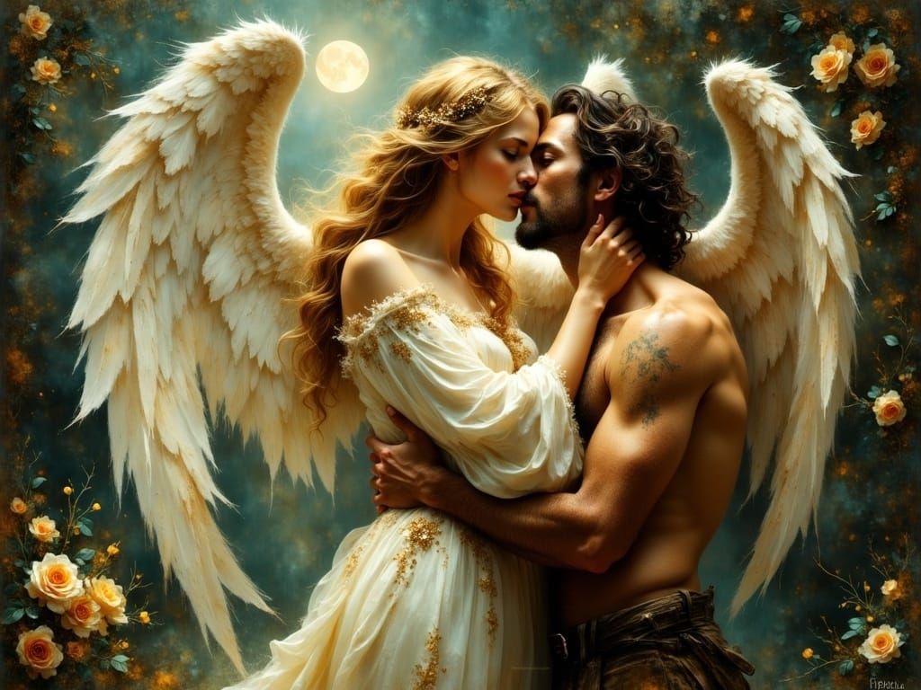 Baroque-Inspired Angel and Mortal Share a Sorrowful Kiss