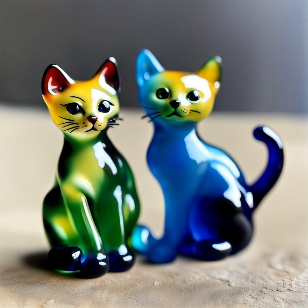 Enameled Glass Figurines of Kitten and Cat