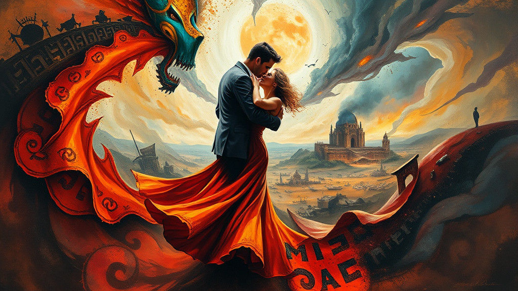 Passionate Dance in Surreal Landscape as Impasto Painting