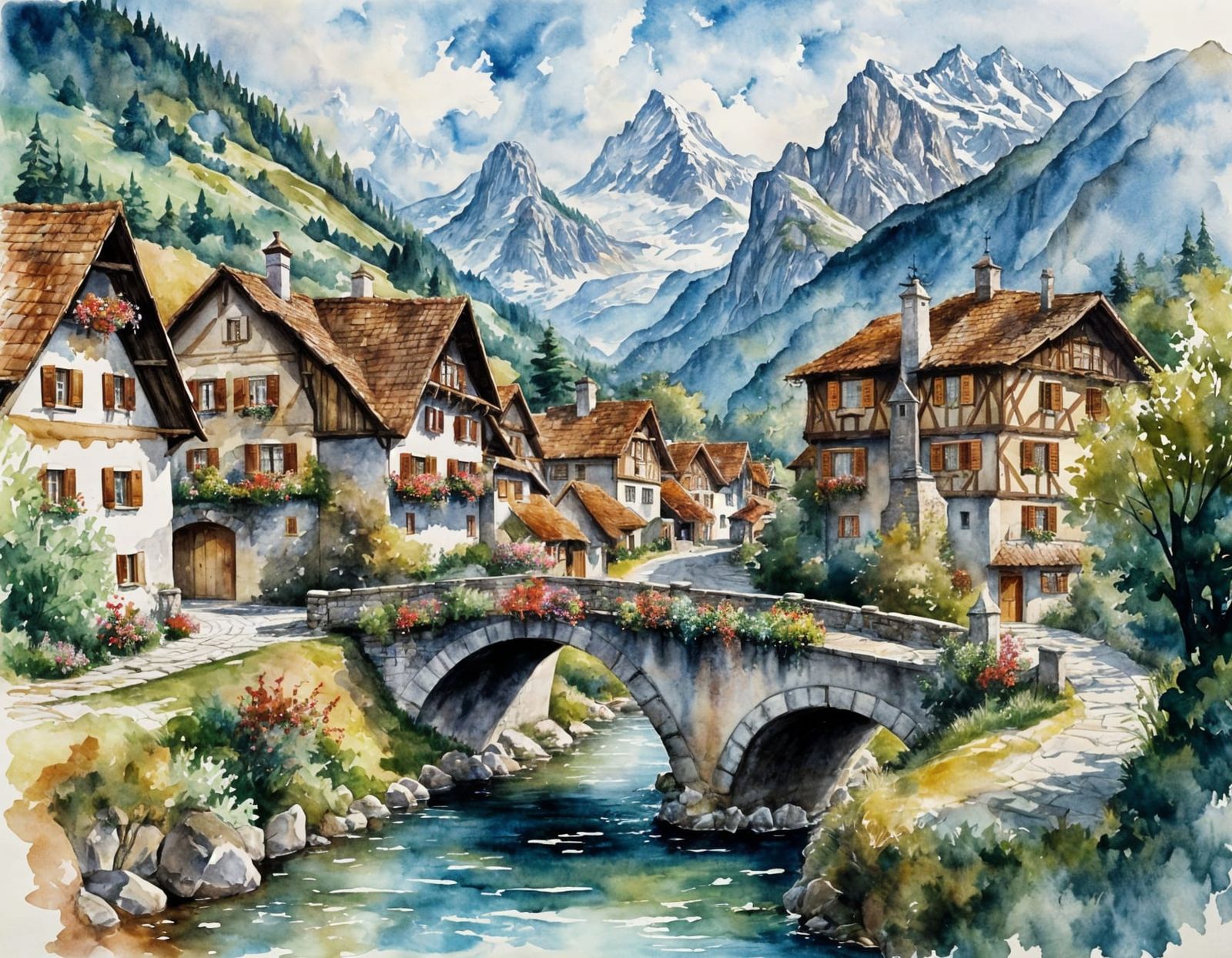 Watercolor Swiss Village in the Alps