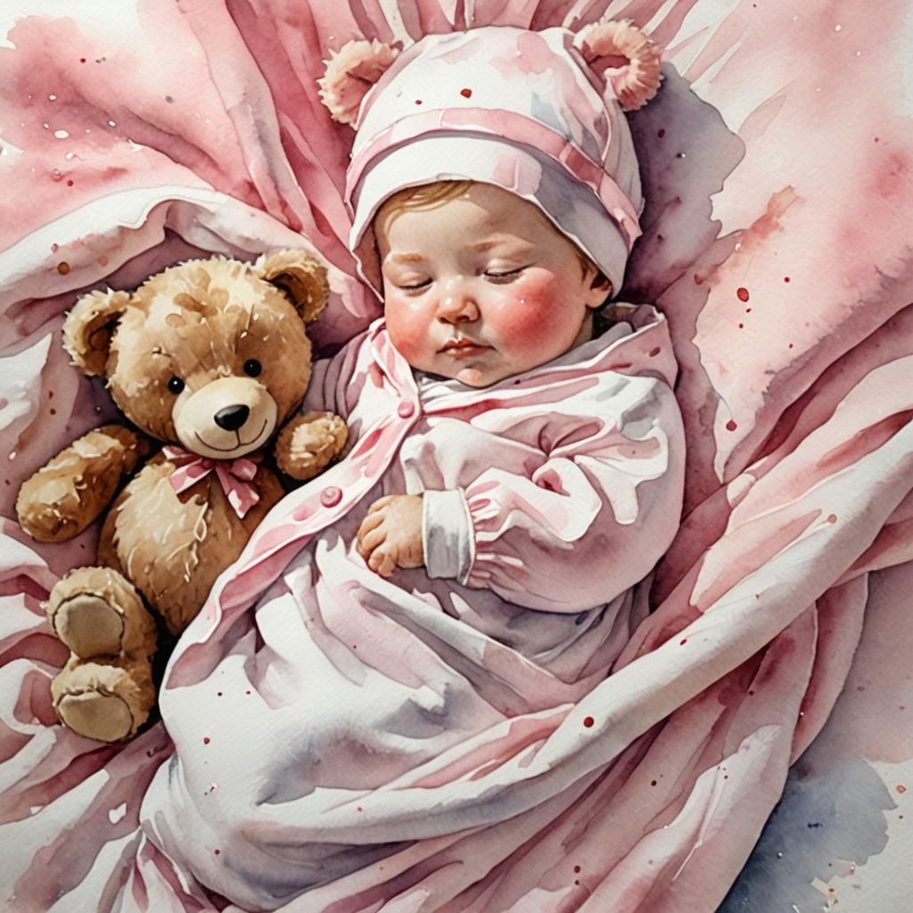 Watercolor of Sleeping Baby Girl with Teddy Bear